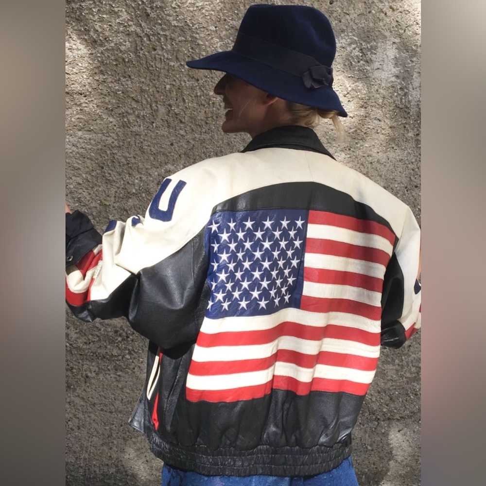 Genuine Leather vintage western bomber USA flag jacket NWT - Picture 4 of 12